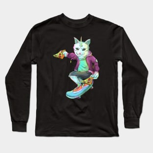 Badass Unicorn Cat Skateboarding Pizza lover Long Sleeve T-Shirt